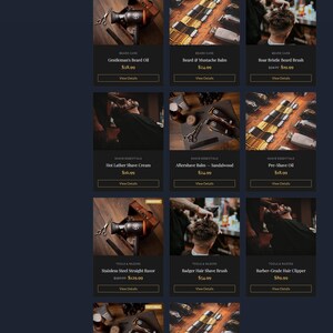 May include: A website displaying grooming products. It features pomades, beard oils, shave creams, razors, and hair clippers. The page is organised with product categories and a sorting option. The text "From the Shelf" is at the top.
