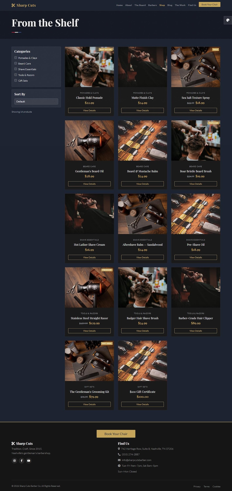 May include: A website displaying grooming products. It features pomades, beard oils, shave creams, razors, and hair clippers. The page is organised with product categories and a sorting option. The text "From the Shelf" is at the top.