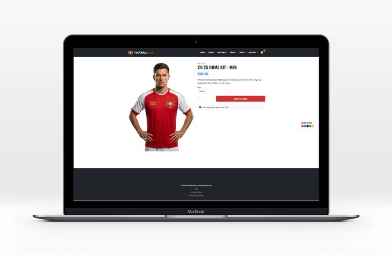 May include: A laptop screen shows a red and white football shirt. The shirt has white sleeves and a red body with a team emblem. The text "24/25 HOME KIT - MEN" is displayed above the shirt image.
