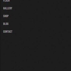 May include: A black screen displays a menu with white text. The word "MENU" is at the top, followed by "HOME" in red, and then "ARTISTS", "SERVICES", "FLASH", "GALLERY", "SHOP", "BLOG", and "CONTACT". A red square with a white paint palette icon is in the upper right corner.