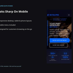 DetailPro website template slide highlighting responsive mobile, tablet, and desktop layouts with a mobile menu for customers browsing on the go.