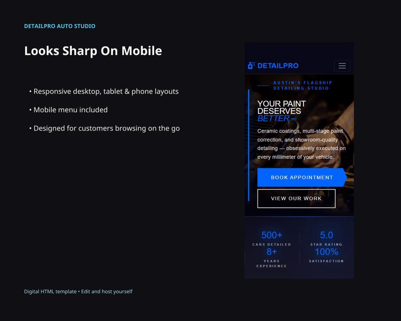 DetailPro website template slide highlighting responsive mobile, tablet, and desktop layouts with a mobile menu for customers browsing on the go.