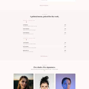 Peut inclure: Capture d'&eacute;cran du site web de Polish Studio, un studio de nail art. La page pr&eacute;sente des images d'ongles manucur&eacute;s, un menu et des portraits du personnel. Le studio propose divers services et collections personnalis&eacute;es.