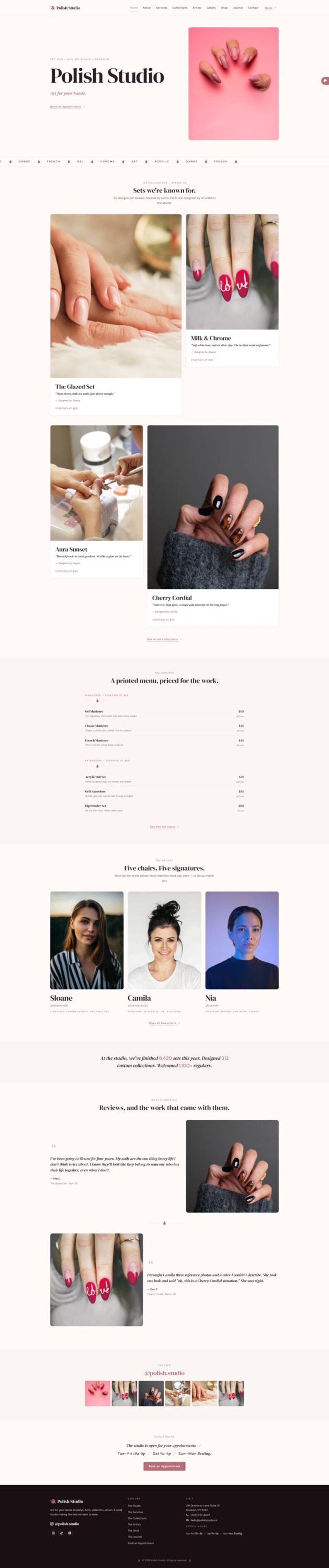 Peut inclure: Capture d'&eacute;cran du site web de Polish Studio, un studio de nail art. La page pr&eacute;sente des images d'ongles manucur&eacute;s, un menu et des portraits du personnel. Le studio propose divers services et collections personnalis&eacute;es.