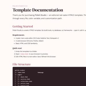 Peut inclure: Documentation du mod&egrave;le pour Polish Studio, un mod&egrave;le HTML5 pour salon de manucure. Le guide couvre la structure des fichiers, la personnalisation et l'&eacute;dition du contenu. Comprend les exigences telles qu'un &eacute;diteur de texte et un navigateur Web.
