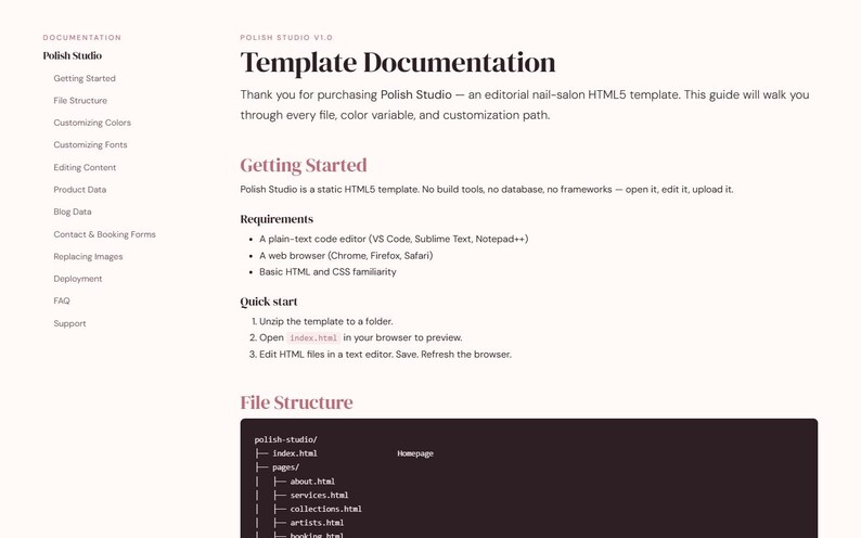 Peut inclure: Documentation du mod&egrave;le pour Polish Studio, un mod&egrave;le HTML5 pour salon de manucure. Le guide couvre la structure des fichiers, la personnalisation et l'&eacute;dition du contenu. Comprend les exigences telles qu'un &eacute;diteur de texte et un navigateur Web.