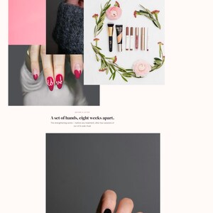 Peut inclure: Un collage d'images pr&eacute;sentant l'art des ongles et des produits de beaut&eacute;. Les images incluent des mains manucur&eacute;es avec divers designs d'ongles, des pinceaux de maquillage, des rouges &agrave; l&egrave;vres et d'autres articles de beaut&eacute;. Le texte "The Work" est visible.