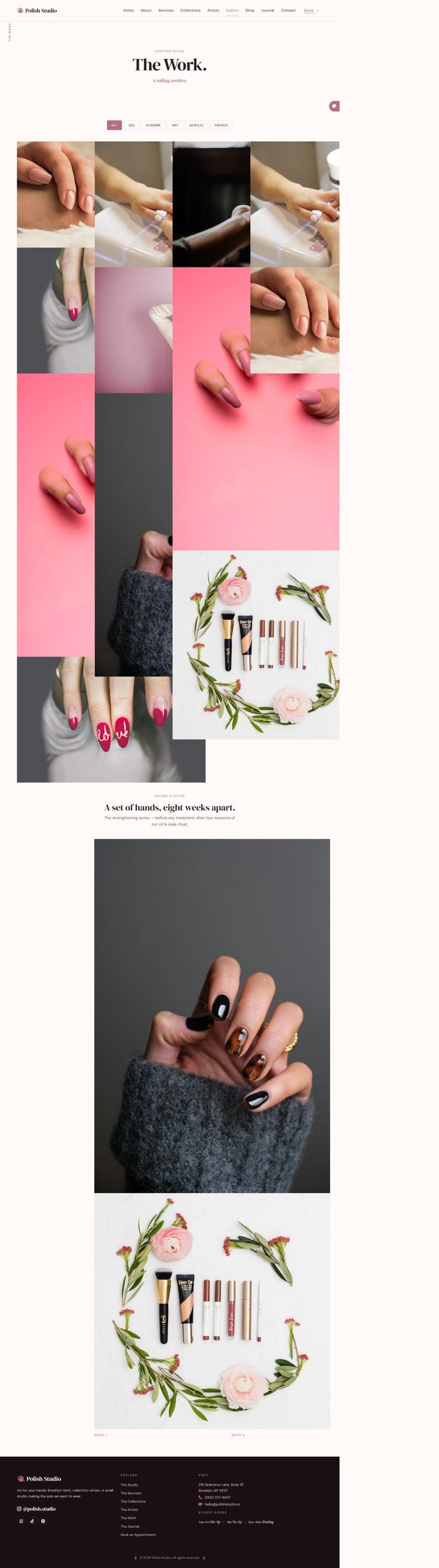 Peut inclure: Un collage d'images pr&eacute;sentant l'art des ongles et des produits de beaut&eacute;. Les images incluent des mains manucur&eacute;es avec divers designs d'ongles, des pinceaux de maquillage, des rouges &agrave; l&egrave;vres et d'autres articles de beaut&eacute;. Le texte "The Work" est visible.