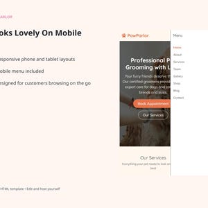 PawParlor website template slide highlighting responsive mobile, tablet, and desktop layouts with a mobile menu for customers browsing on the go.
