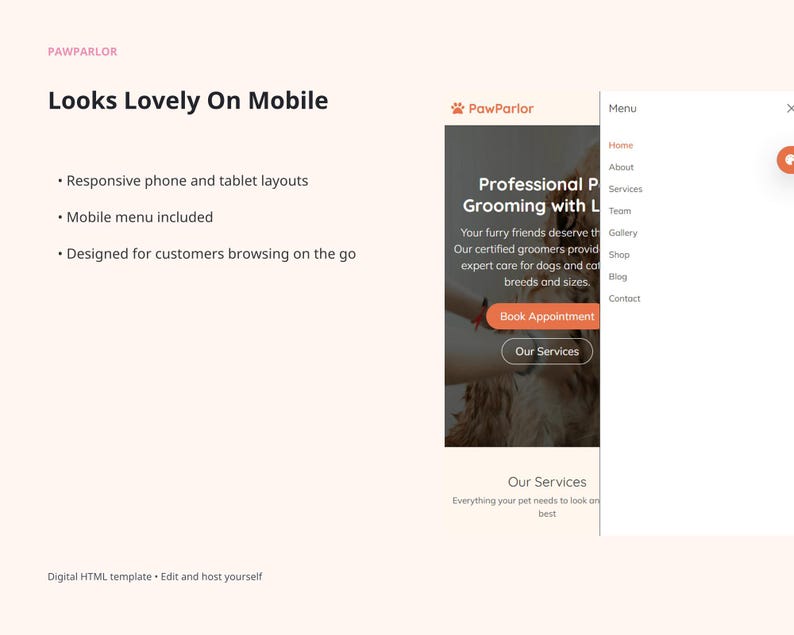 PawParlor website template slide highlighting responsive mobile, tablet, and desktop layouts with a mobile menu for customers browsing on the go.