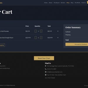 May include: Screenshot of an e-commerce website shopping cart. The cart includes a Classic Hold Pomade and a Stainless Steel Straight Razor. The order summary shows a subtotal, shipping, and total. The website has a dark blue and gold colour scheme.