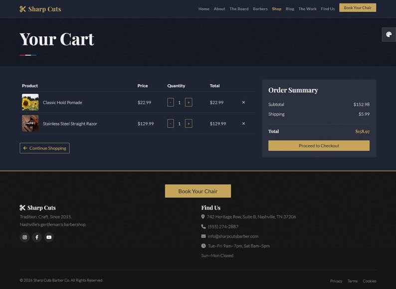 May include: Screenshot of an e-commerce website shopping cart. The cart includes a Classic Hold Pomade and a Stainless Steel Straight Razor. The order summary shows a subtotal, shipping, and total. The website has a dark blue and gold colour scheme.