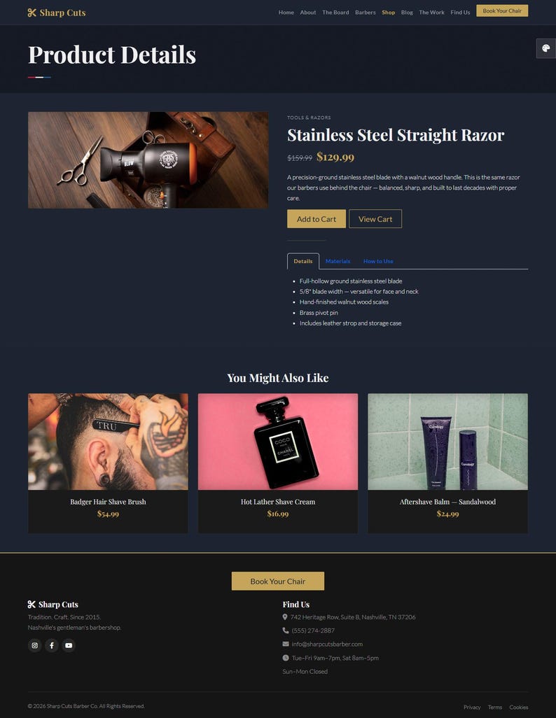 May include: Stainless steel straight razor with a walnut wood handle. The razor has a full-hollow ground stainless steel blade and a 1.59 cm blade width. Includes a leather strop and storage case. The product is from Sharp Cuts.