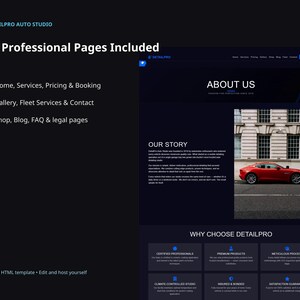 DetailPro website template slide showing 19 professional pages included: home, services, pricing, booking, gallery, fleet services, contact, shop, blog, FAQ, and legal pages.