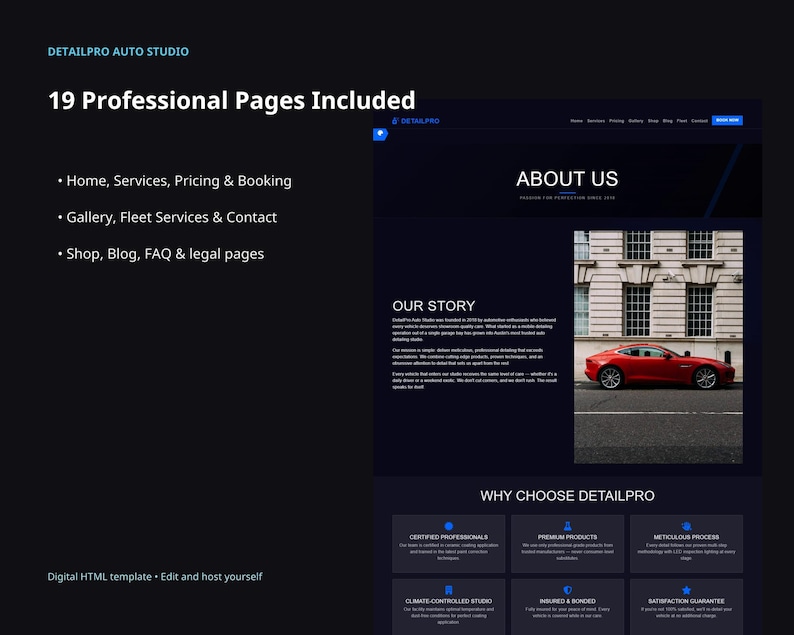 DetailPro website template slide showing 19 professional pages included: home, services, pricing, booking, gallery, fleet services, contact, shop, blog, FAQ, and legal pages.