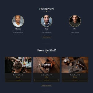 May include: A website screenshot for Sharp Cuts barbershop. The page has a dark blue background with gold text and accents. The text "Your chair is waiting" is prominent, with options to book a chair or meet the barbers.