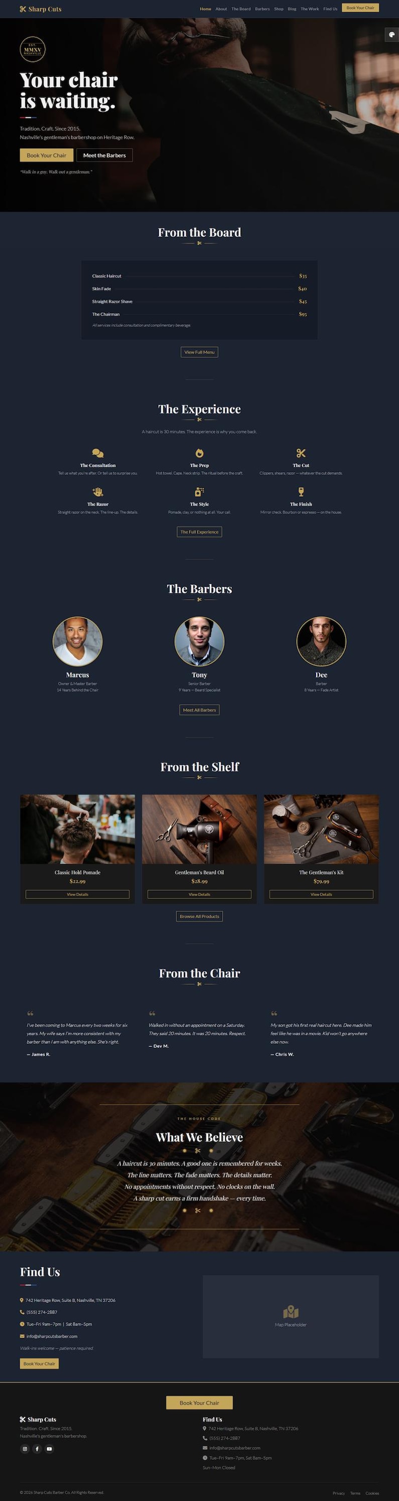 May include: A website screenshot for Sharp Cuts barbershop. The page has a dark blue background with gold text and accents. The text "Your chair is waiting" is prominent, with options to book a chair or meet the barbers.