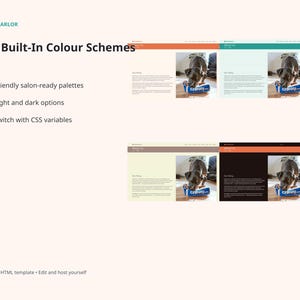 PawParlor website template slide showing 10 built-in colour schemes with friendly salon-ready palettes, light and dark options, and CSS variable customisation.