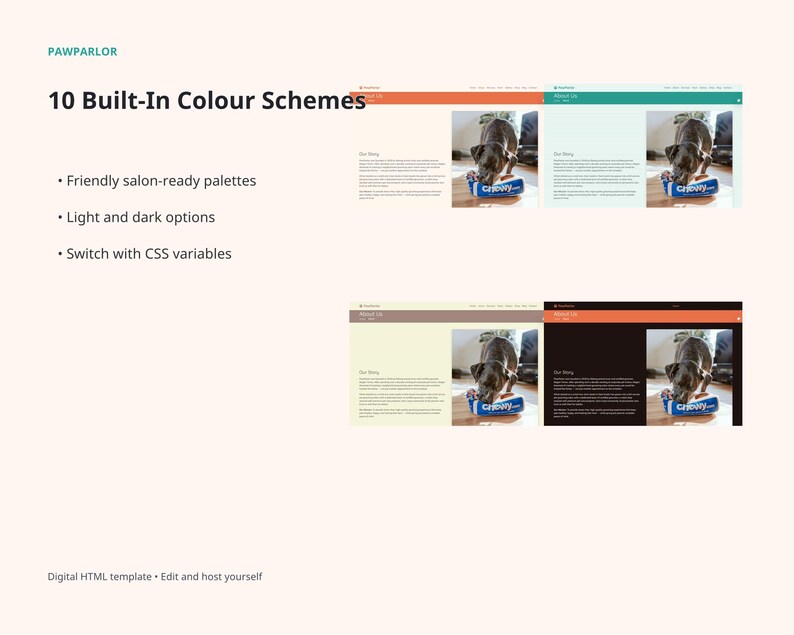 PawParlor website template slide showing 10 built-in colour schemes with friendly salon-ready palettes, light and dark options, and CSS variable customisation.