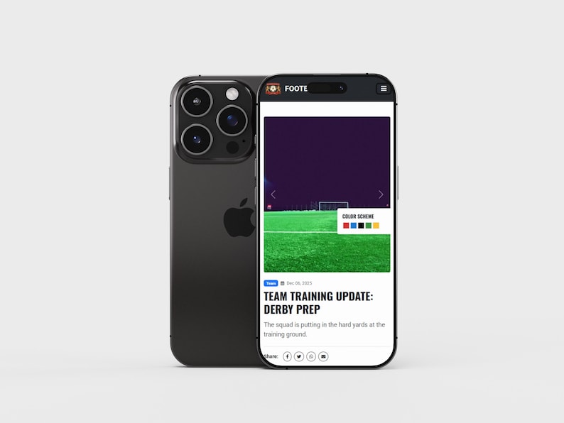 May include: A black smartphone showing a sports news app with a green field and the text "TEAM TRAINING UPDATE: DERBY PREP." Beside it is a black smartphone with a triple-lens camera.