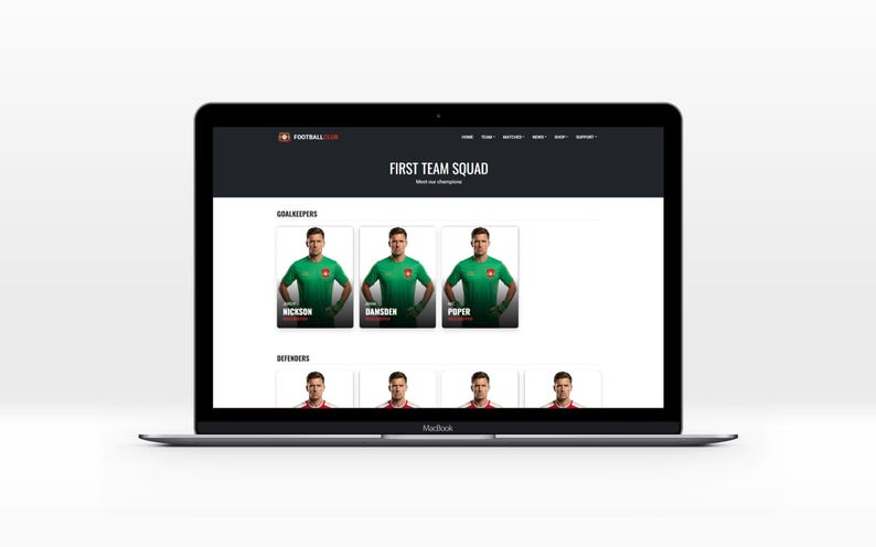 May include: A MacBook laptop screen displays a football team's first team squad on a website. The site shows player photos and names, grouped by position, with a dark grey header and a white background.