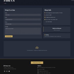 May include: A webpage for Sharp Cuts barbershop, titled "Find Us", with a contact form and shop details. The page includes the address, opening hours, and a "Book Your Chair" button. The site is designed for customer inquiries.
