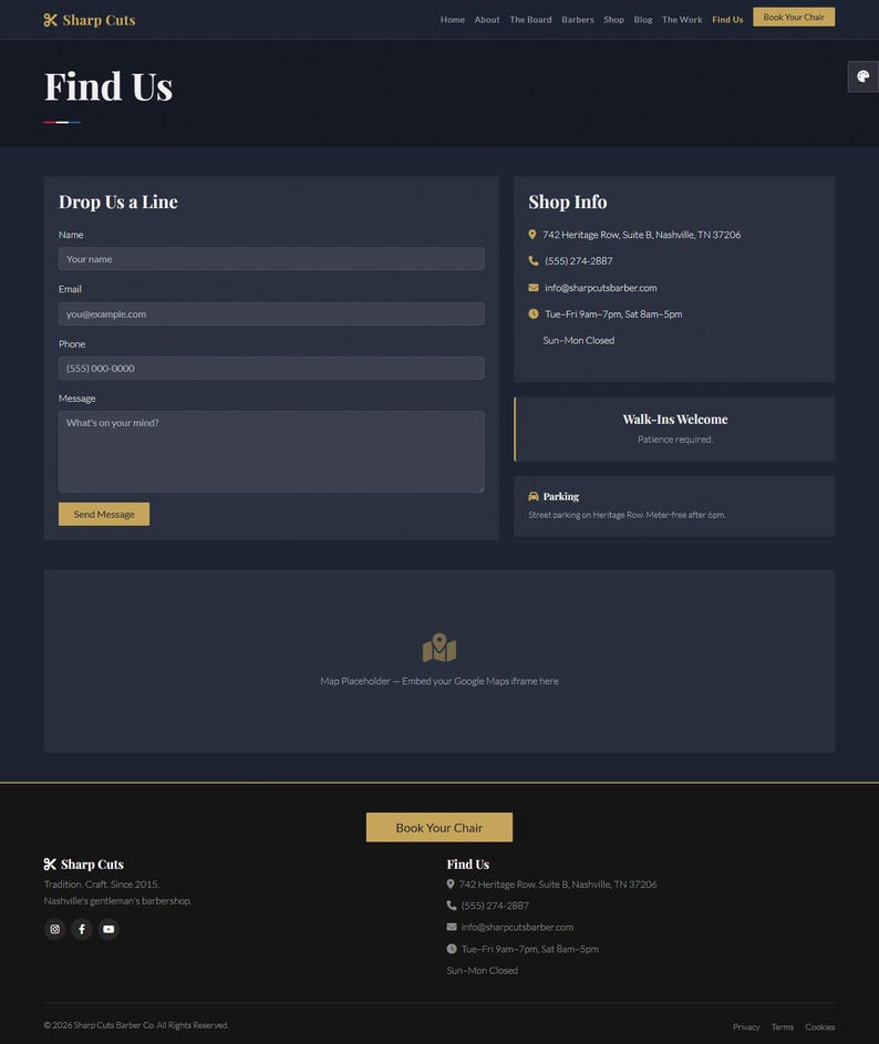 May include: A webpage for Sharp Cuts barbershop, titled "Find Us", with a contact form and shop details. The page includes the address, opening hours, and a "Book Your Chair" button. The site is designed for customer inquiries.