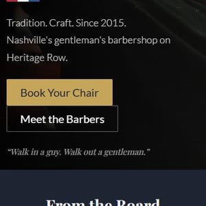 May include: Advertisement for Sharp Cuts Nashville barbershop. The image displays the text "Your chair is waiting." and "Book Your Chair." The barbershop offers classic haircuts and skin fades. The tagline is "Walk in a guy. Walk out a gentleman."