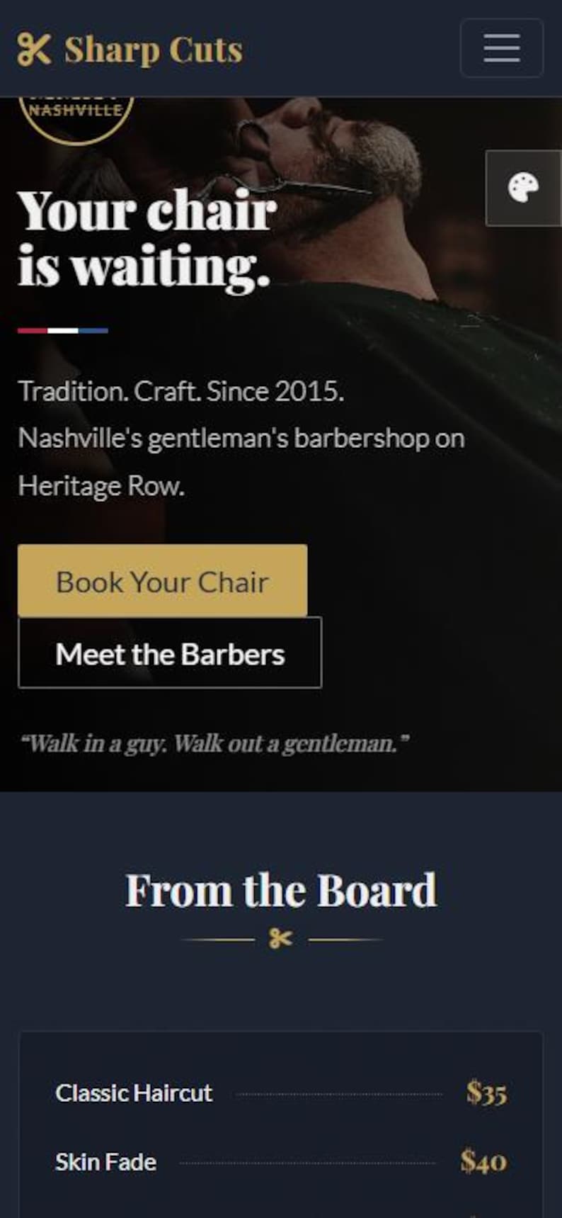 May include: Advertisement for Sharp Cuts Nashville barbershop. The image displays the text "Your chair is waiting." and "Book Your Chair." The barbershop offers classic haircuts and skin fades. The tagline is "Walk in a guy. Walk out a gentleman."