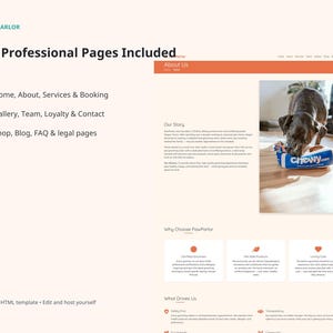PawParlor website template slide showing 20 professional pages included: home, about, services, booking, gallery, team, loyalty, contact, shop, blog, FAQ, and legal pages.