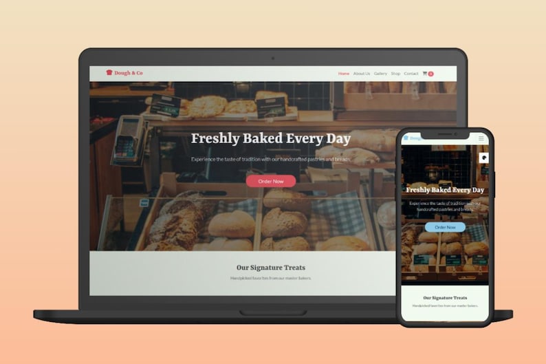 May include: A laptop and smartphone display a bakery website. The website features the text "Freshly Baked Every Day" and showcases various baked goods. A red "Order Now" button is visible. The website is designed with a clean, modern aesthetic.