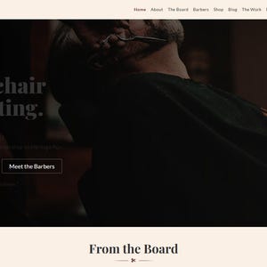May include: Website screenshot for Sharp Cuts, a barbershop. The image features the text "Your chair is waiting." and buttons to "Book Your Chair" and "Meet the Barbers." A person is getting a haircut.