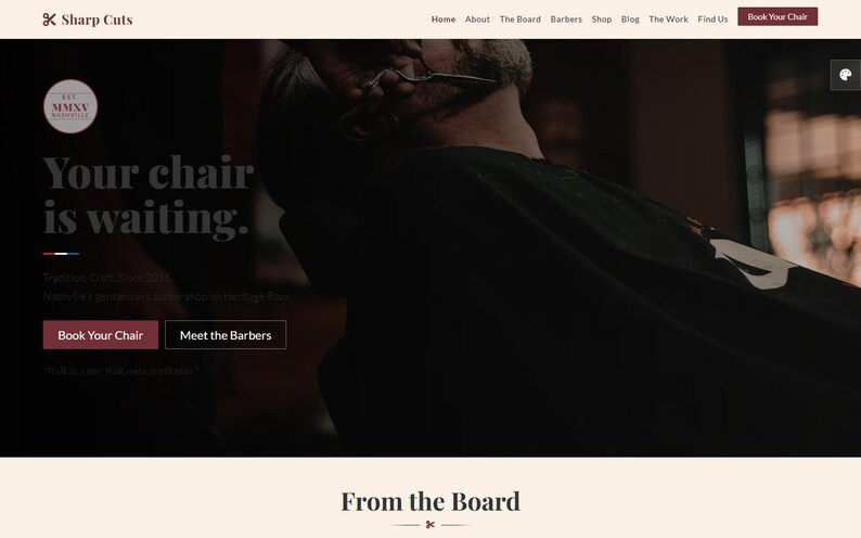 May include: Website screenshot for Sharp Cuts, a barbershop. The image features the text "Your chair is waiting." and buttons to "Book Your Chair" and "Meet the Barbers." A person is getting a haircut.