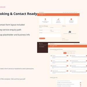 PawParlor website template slide highlighting booking-friendly layouts with appointment form page, pet type and service selections, and contact page with map placeholder.