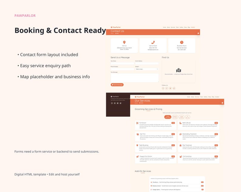 PawParlor website template slide highlighting booking-friendly layouts with appointment form page, pet type and service selections, and contact page with map placeholder.