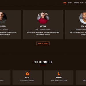 May include: Website interface for Inkcraft, showcasing artist profiles and specialities. Profiles include Marcus Rivera, Jade Chen, and Diego Santos, with descriptions of their styles. Specialities include Traditional, Realism, Blackwork, and Watercolor.