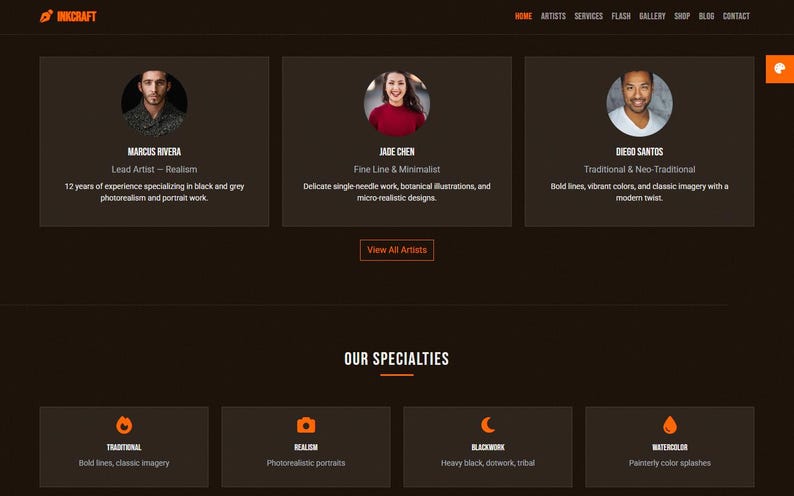 May include: Website interface for Inkcraft, showcasing artist profiles and specialities. Profiles include Marcus Rivera, Jade Chen, and Diego Santos, with descriptions of their styles. Specialities include Traditional, Realism, Blackwork, and Watercolor.