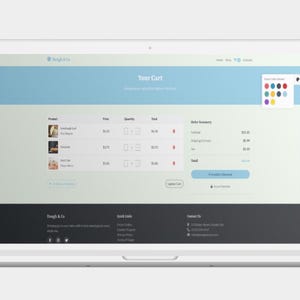 K&ouml;nnte beinhalten: Ein Laptop-Bildschirm zeigt eine E-Commerce-Warenkorbseite. Die Seite zeigt Produktbilder, Preise und Mengenauswahlen. Das Design umfasst einen hellblauen Header und einen dunkelgrauen Footer mit Website-Links und Kontaktinformationen.