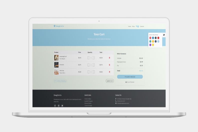 K&ouml;nnte beinhalten: Ein Laptop-Bildschirm zeigt eine E-Commerce-Warenkorbseite. Die Seite zeigt Produktbilder, Preise und Mengenauswahlen. Das Design umfasst einen hellblauen Header und einen dunkelgrauen Footer mit Website-Links und Kontaktinformationen.