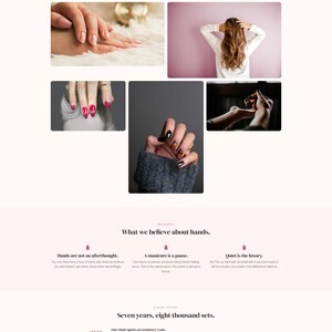 Peut inclure: Site web de Polish Studio, un salon de manucure. La page pr&eacute;sente un portrait de femme, des images de mains manucur&eacute;es et du texte sur l'histoire et la philosophie du studio. Le design est minimaliste avec une palette de couleurs douces.