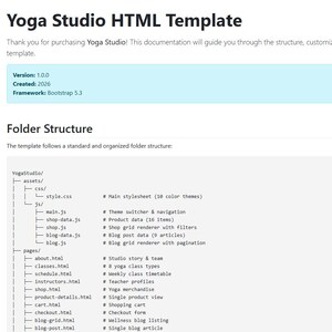 May include: A webpage titled "Yoga Studio HTML Template" with a light blue header. The page details the folder structure, version 1.0.0, created in 2026, and uses Bootstrap 5.3. The left side has a navigation menu.