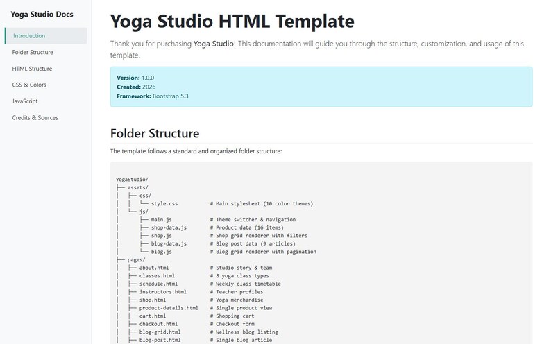May include: A webpage titled "Yoga Studio HTML Template" with a light blue header. The page details the folder structure, version 1.0.0, created in 2026, and uses Bootstrap 5.3. The left side has a navigation menu.