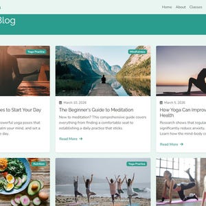 May include: A website homepage for Zen Flow Yoga's Wellness Blog. The page displays blog post previews with images and titles such as "5 Morning Yoga Poses" and "The Beginner's Guide to Meditation." The site has a teal header with navigation links.