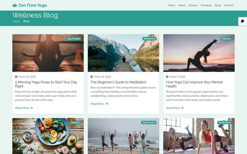 May include: A website homepage for Zen Flow Yoga's Wellness Blog. The page displays blog post previews with images and titles such as "5 Morning Yoga Poses" and "The Beginner's Guide to Meditation." The site has a teal header with navigation links.