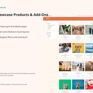 PawParlor website template slide showing product and add-on demo layouts, product grid and detail pages, cart and checkout visual layouts, filters, and sorting UI.