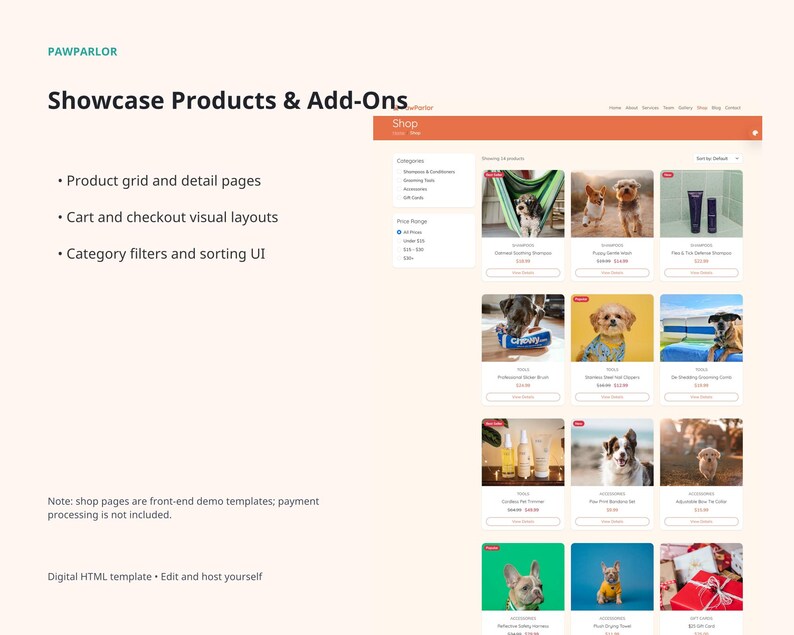 PawParlor website template slide showing product and add-on demo layouts, product grid and detail pages, cart and checkout visual layouts, filters, and sorting UI.