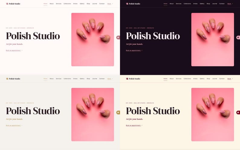 Peut inclure: Maquette de site web pour Polish Studio, avec un logo et une barre de navigation. Le design pr&eacute;sente un fond rose avec une main montrant des ongles manucur&eacute;s. Le sch&eacute;ma de couleurs du site web varie sur quatre versions diff&eacute;rentes.
