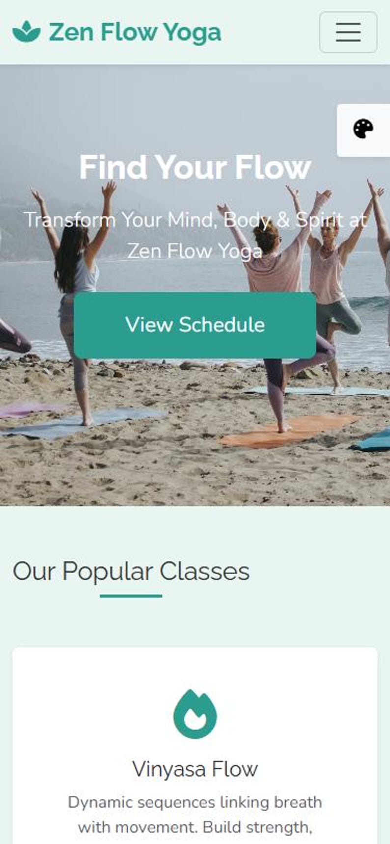 May include: A website homepage for Zen Flow Yoga. The image shows people practicing yoga on a beach. The text reads "Find Your Flow" and "View Schedule". The logo is a teal leaf.
