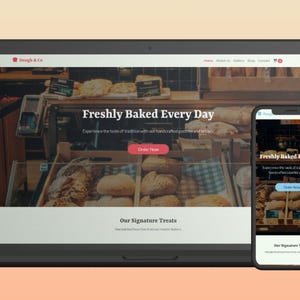 Peut inclure: Un ordinateur portable et un smartphone affichent un site web de boulangerie. Le site web présente le texte "Freshly Baked Every Day" et présente divers produits de boulangerie. Un bouton rouge "Order Now" est visible. Le site web est conçu avec une esthétique épurée et moderne.