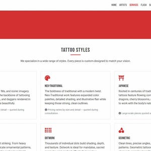 May include: A website for Inkcraft tattoo studio, with a red header displaying "OUR SERVICES" and "Custom ink for every vision." The page highlights "TATTOO STYLES," presenting options like Traditional, Neo-Traditional, and Japanese, with descriptions of each style.